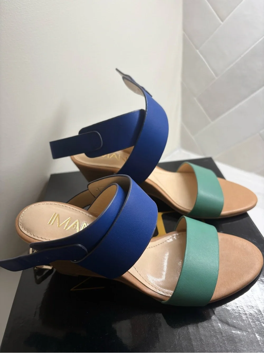 IMAN Navy and Green Colorblock Wedge Sandals